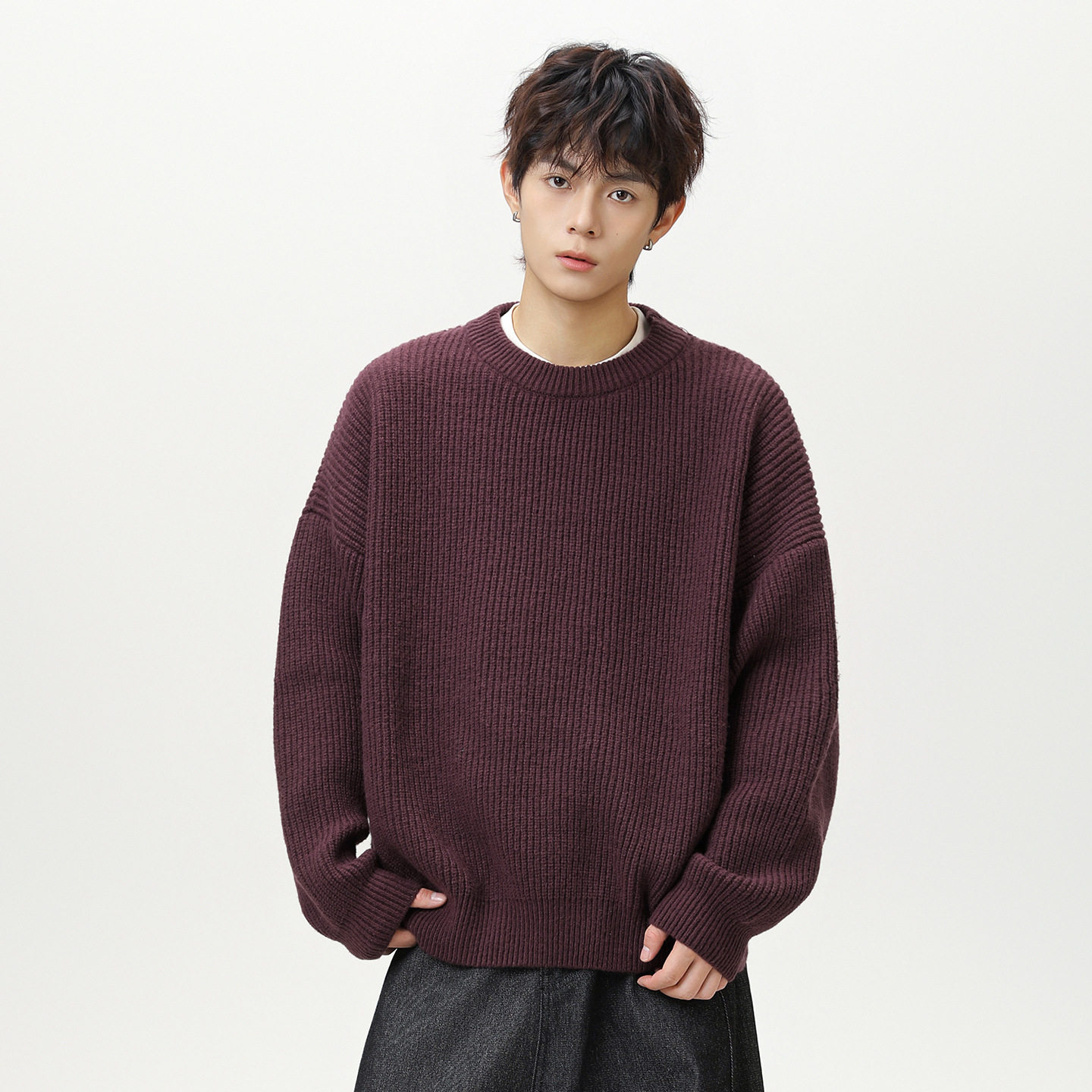 圆领毛衣男秋冬基础纯色复古针织衫日系宽松线衣K4092-P45控78,男装针织衫/毛衣,电商A362