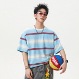 美式色织撞色条纹短袖T恤男夏季新款潮牌复古质感宽松半袖体恤衫，男装T恤，电商A362