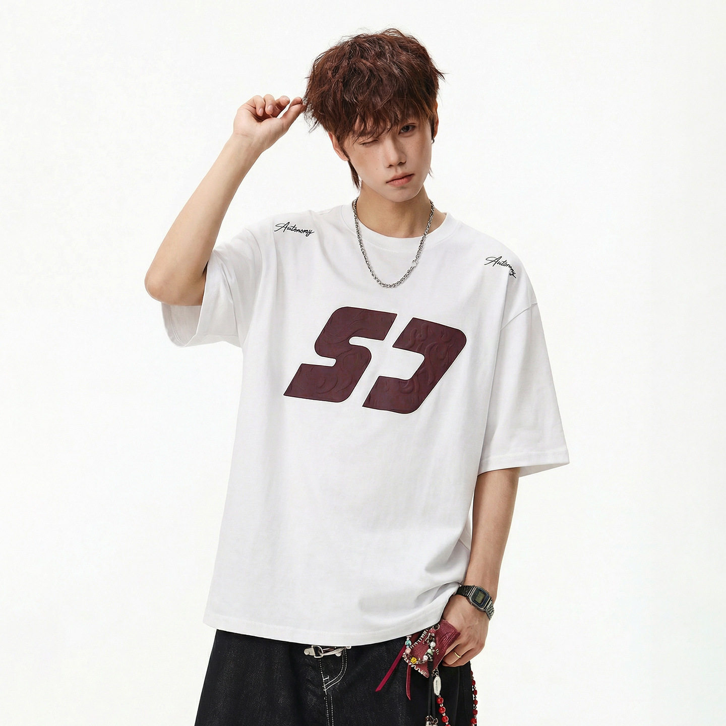 撞色印花纯棉短袖T恤男夏季高街美式情侣半袖潮牌质感宽松体恤衫，男装T恤，电商A362