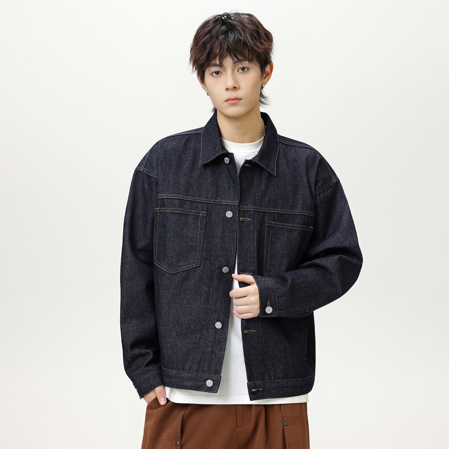 工装牛仔夹克男秋季款美式复古感翻领宽松外套MN6042-P80控128,男装夹克,电商A362