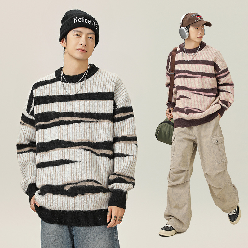 毛衣秋冬新款日系复古仿鹿毛绒慵懒条纹针织衫L4131-P55控88，男装针织衫/毛衣，电商A362