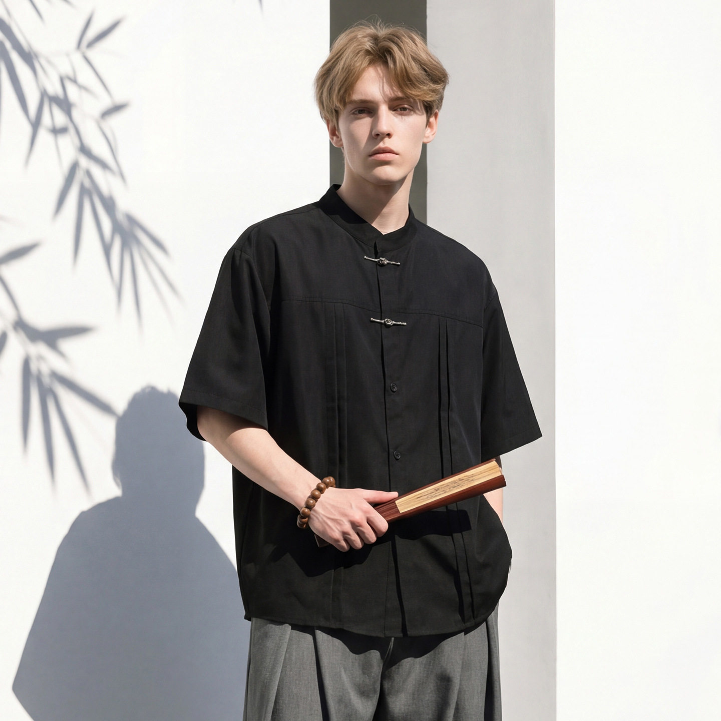 衬衫男夏季新款立体压褶设计金属搭扣垂感立领衬衣OC7293-P40控75，男装衬衫，电商A362