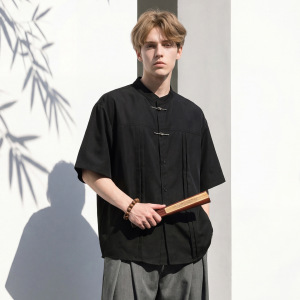 衬衫男夏季新款立体压褶设计金属搭扣垂感立领衬衣OC7293-P40控75，男装衬衫，电商A362