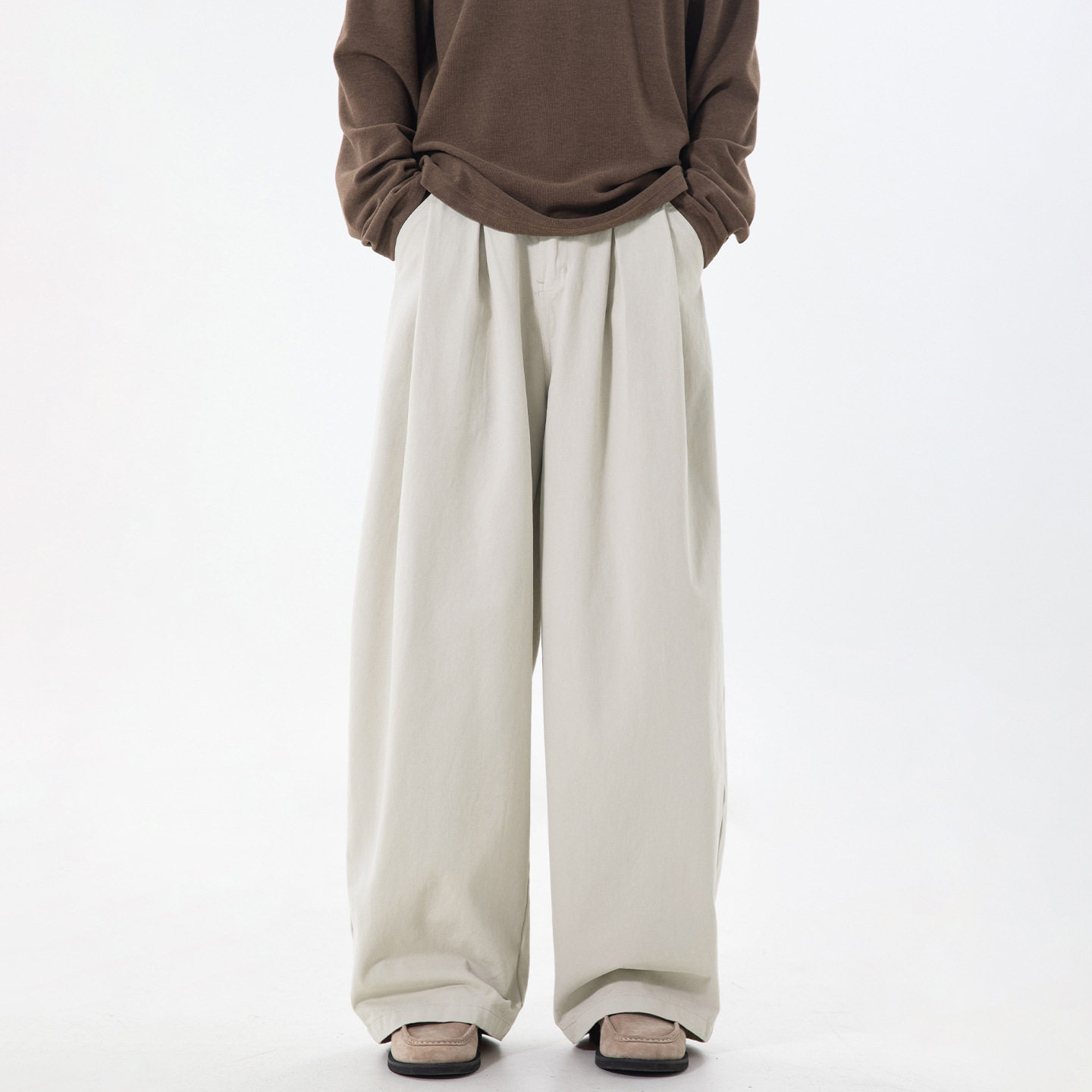 男春季新款双褶口袋廓形宽松直筒裤复古质感长裤子OK2581-P60控98,男装休闲裤,电商A362