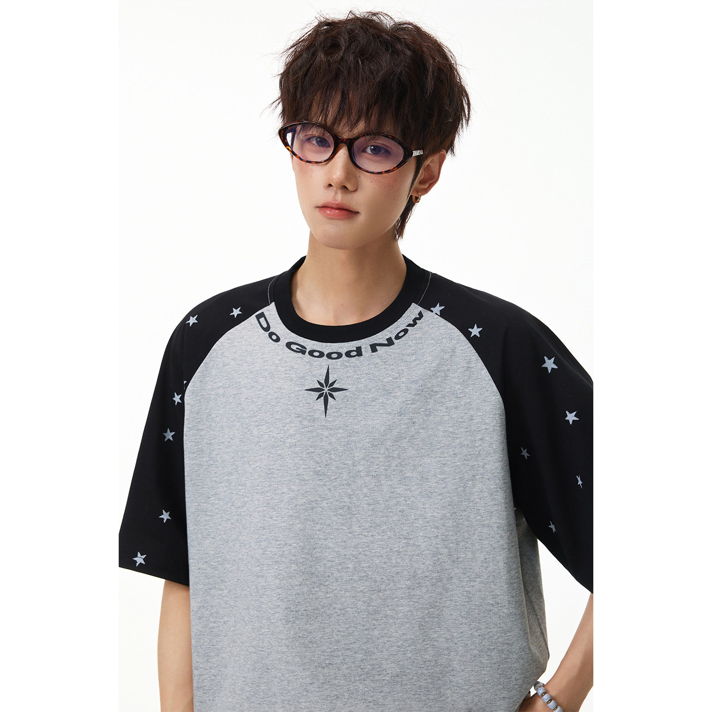 撞色插肩袖短袖T恤男夏季款星星满印字母印花美式复古纯棉体恤衫，男装T恤，电商A362