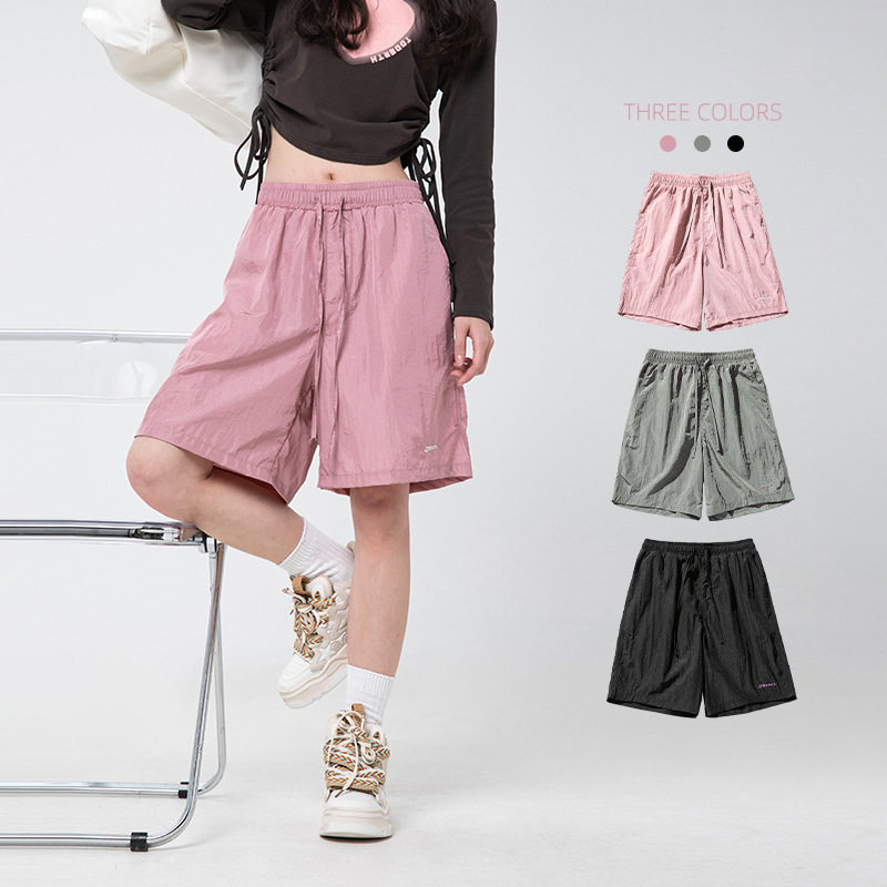 金属质感微皱五分裤子夏季新款宽松刺绣运动短裤女L2255-P31控49，女装休闲裤，电商A362