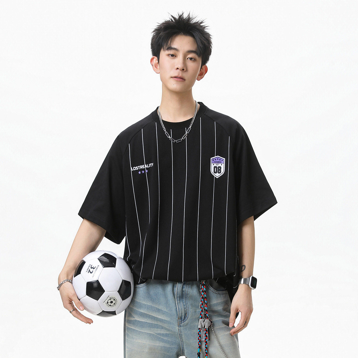 T恤男夏季款撞色条纹运动球衣潮牌宽松半袖体恤OT7270-P38控68，男装T恤，电商A362