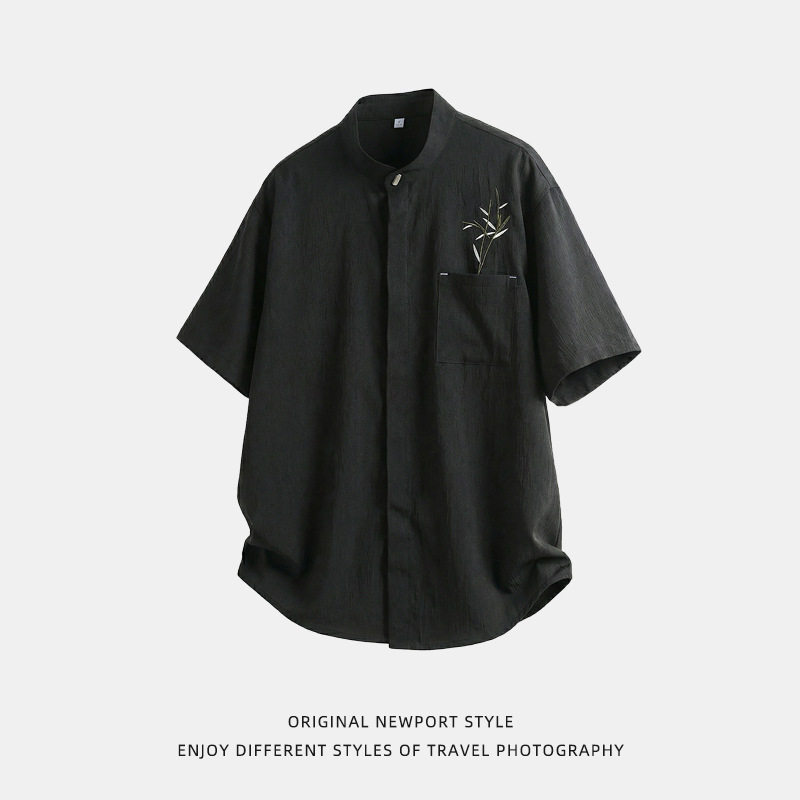 短袖衬衫男夏季款竹叶刺绣暗门襟薄款透气风衬衣OC7290-P35控65,男装衬衫,电商A362
