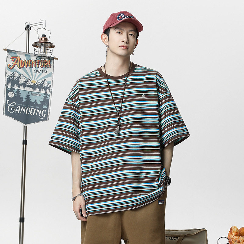 撞色条纹短袖T恤男女夏季新款刺绣潮牌休闲体恤MT7170-P40控65，男装T恤，电商A362