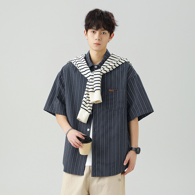 条纹短袖衬衫男夏季新款日系宽松休闲翻领衬衣外套MC7197-P50控78,男装衬衫,电商A362