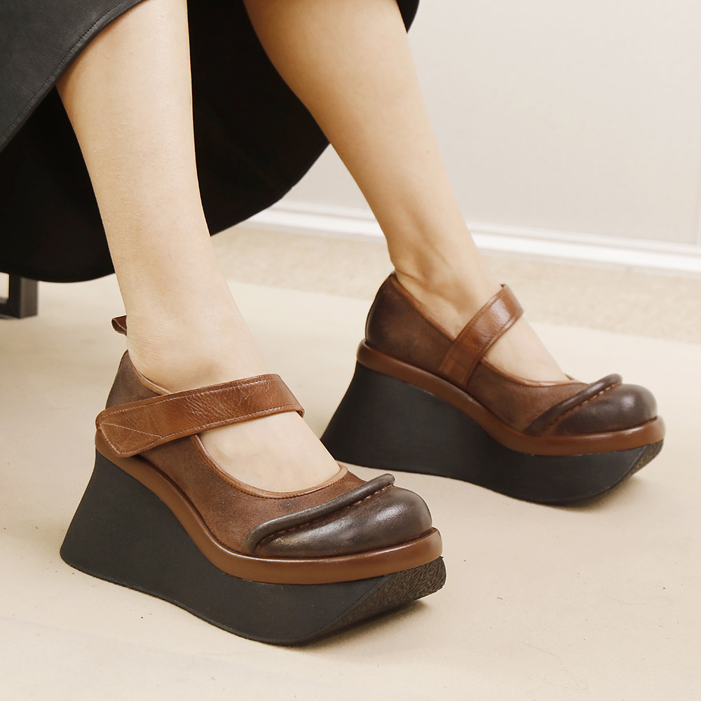 2022年春季新款复古真皮尖头松糕休闲女鞋森女厚底英伦风高跟单鞋