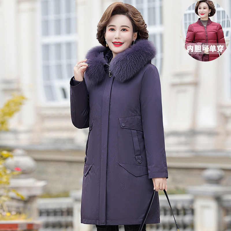 冬季中长款活里活面羽绒服大毛领可拆卸内胆连帽加厚妈妈装外套