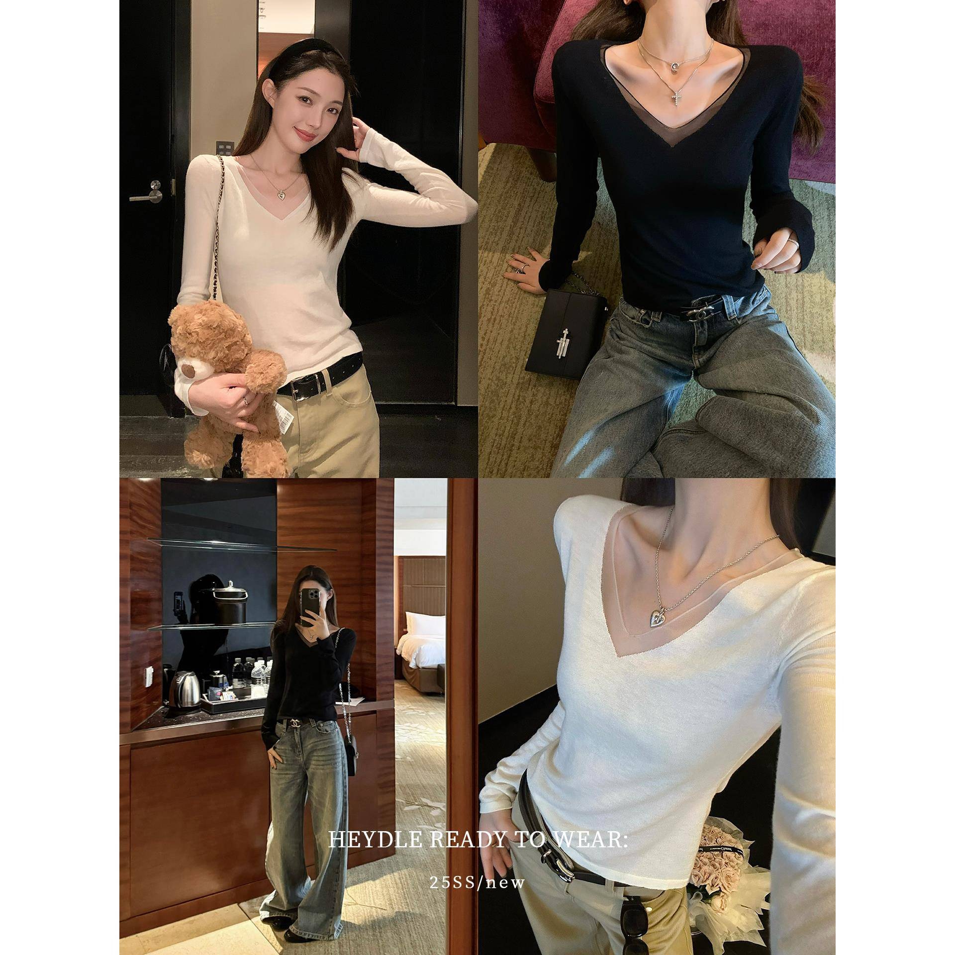 黑豆哼哼 曼妙曲线*v领网纱拼接设计针织衫百搭修身长袖打底上衣