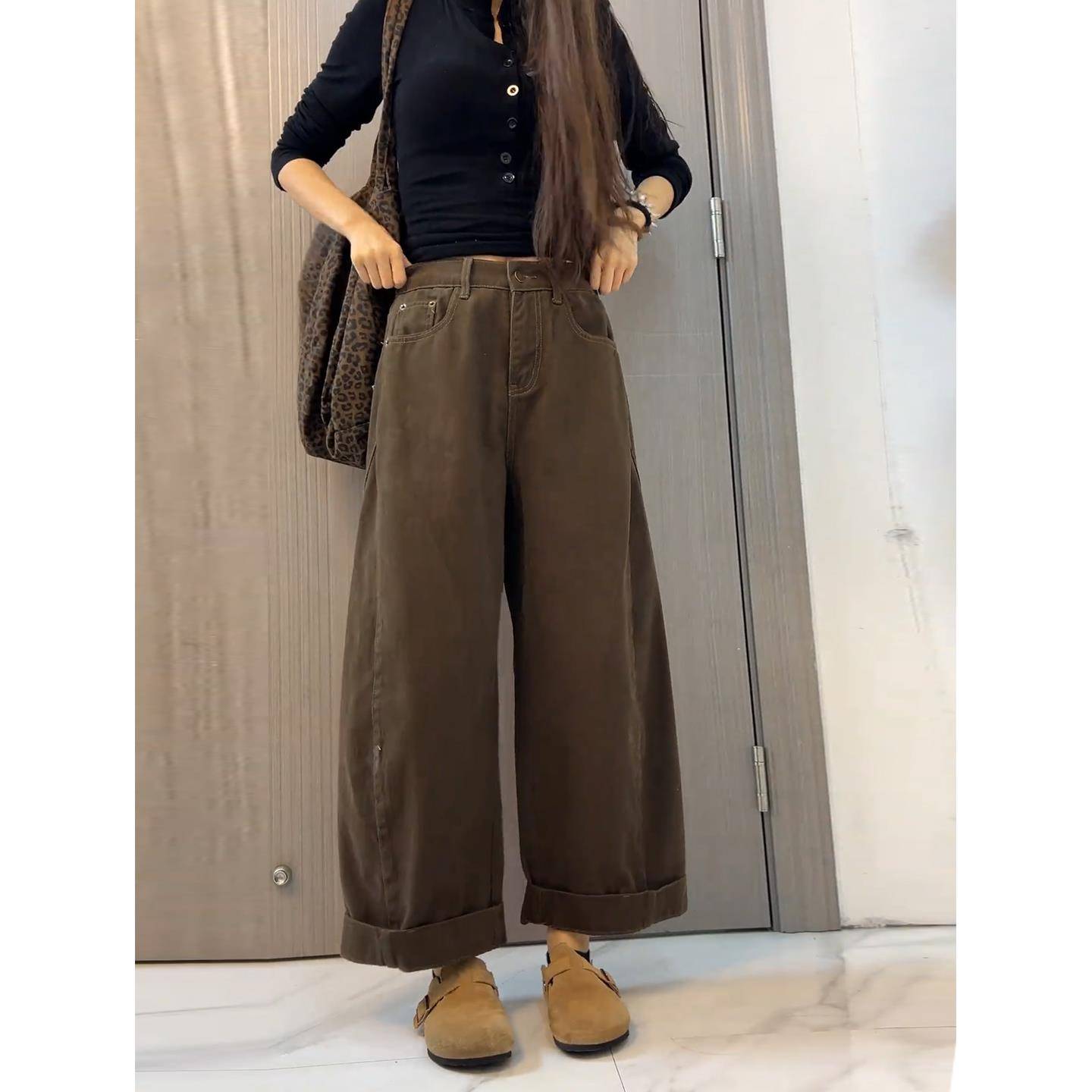 咖色阔腿牛仔裤女秋季裤子梨型身材粗腿宽胯小个子宽松九分弯刀裤