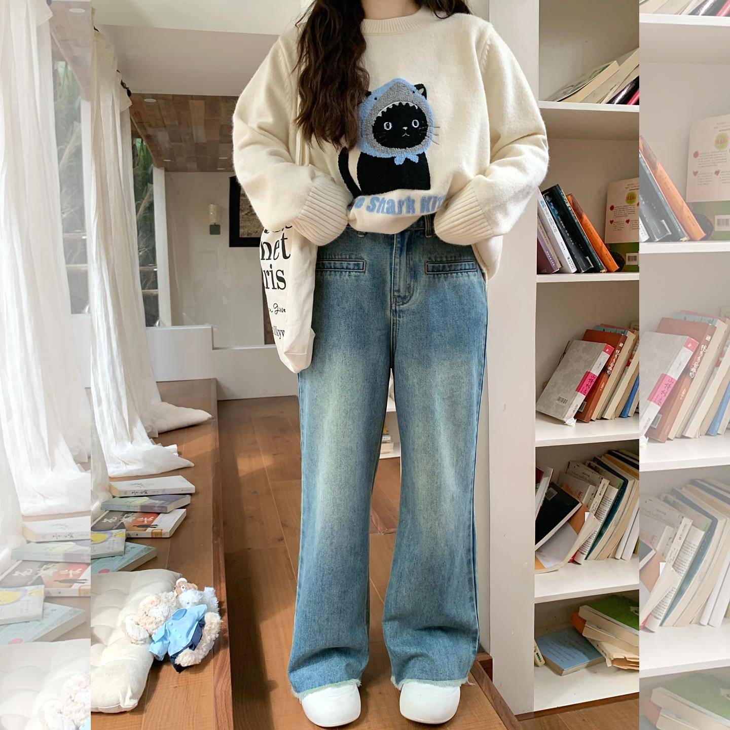 辣条大码女装 复古假一字口袋直筒显瘦版型超好看的须边牛仔裤子