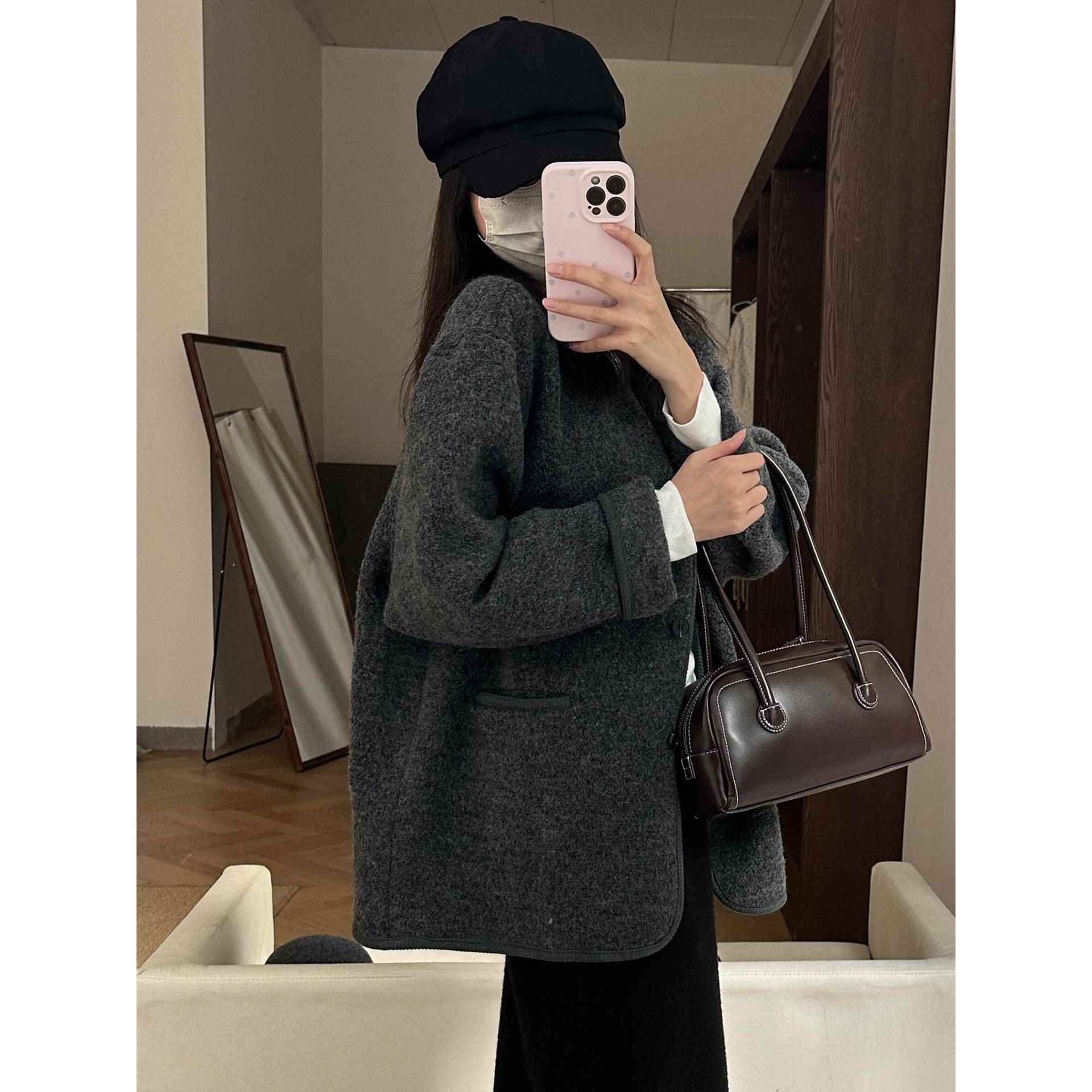 灰色毛呢外套女2025秋冬新款呢子大衣短款小个子百搭宽松气质穿搭