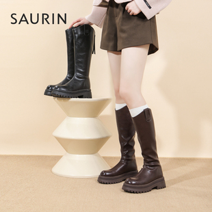 索兰厚底长筒靴女2024秋冬新款显瘦V口小个子增高骑士靴24DT52566