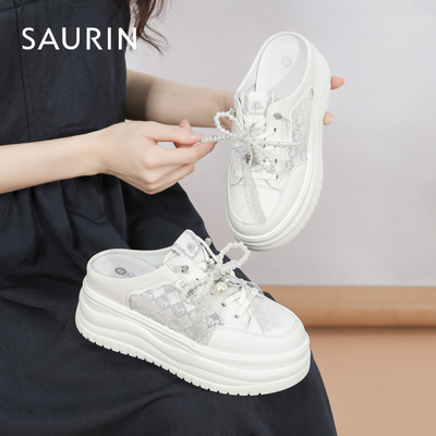 索兰珍珠蝴蝶结包头半拖休闲鞋