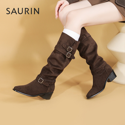 索兰复古皮带扣显瘦骑士靴
