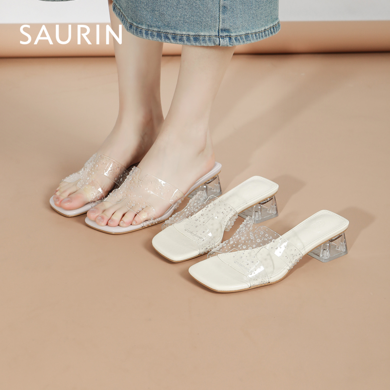 索兰新中式透明带粗跟凉拖鞋