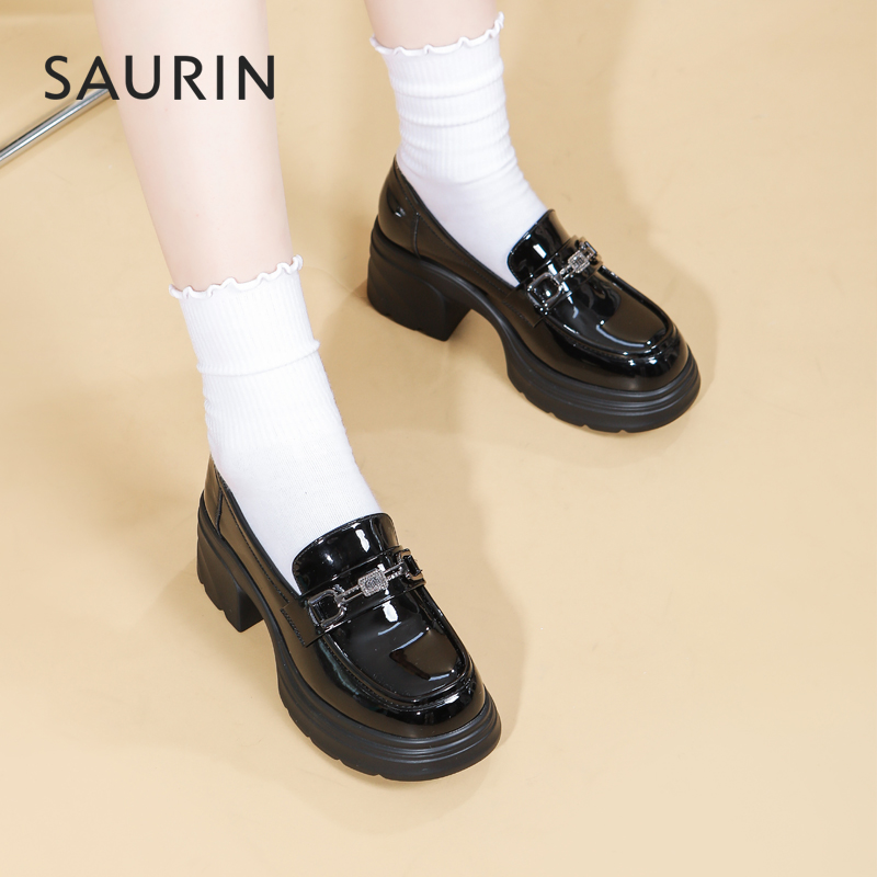 索兰亮面厚底增高小个子乐福鞋