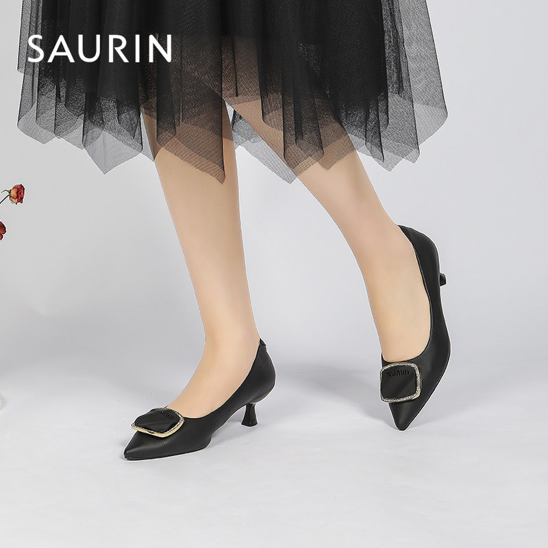 索兰女鞋2023春季新款优雅气质高跟鞋尖头浅口通勤单鞋23at10111