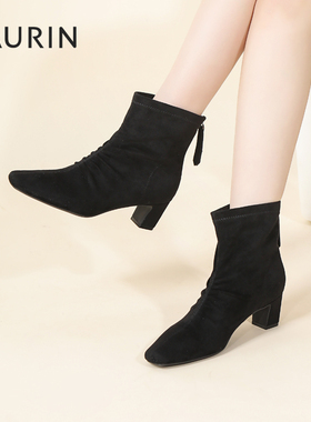 索兰显瘦弹力靴女2025秋冬新款黑色尖头短靴粗跟瘦瘦靴25DH39516
