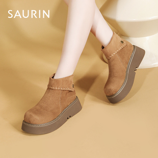 索兰厚底短靴女2025秋冬新款复古休闲圆头显瘦马丁靴25DX59513