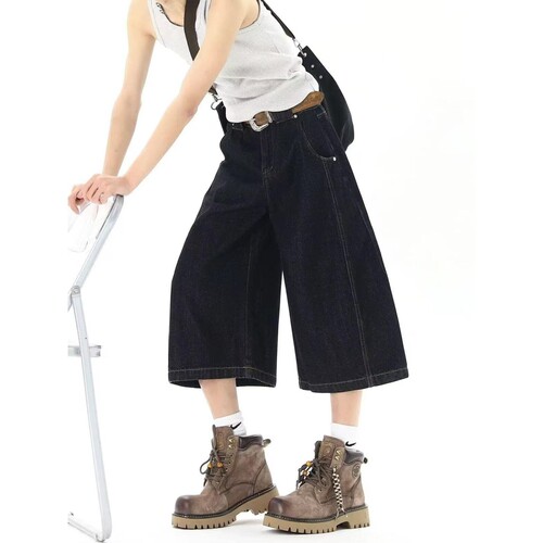 NOFUNNULL莱赛尔丹宁蓝原色七分牛仔裤cleanfit男女宽松阔腿短裤