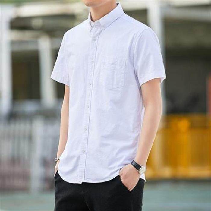 男士高棉上衣服宽松衬衣韩版休闲修身牛津纺短袖衬衫男潮流大码夏