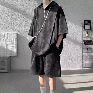 潮流套装带帽短袖设计感高质感套装圆领大码T恤短袖短裤时尚套装