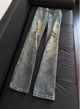 巴黎水洗复古Bootcut做旧竹节微喇牛仔裤休闲裤男美式cleanfit潮