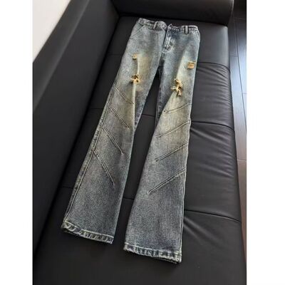 巴黎水洗复古Bootcut做旧竹节微喇牛仔裤休闲裤男美式cleanfit潮