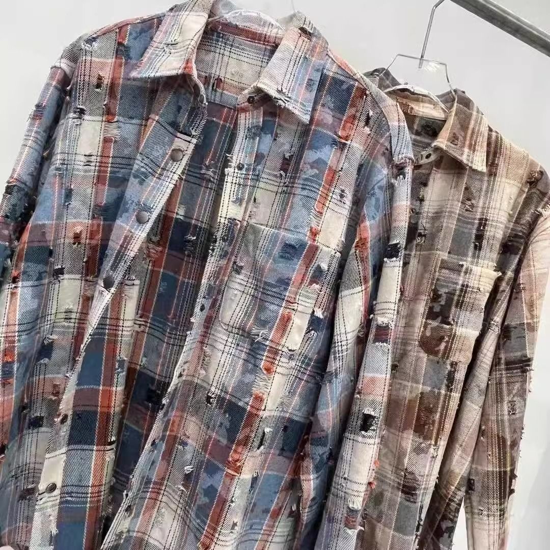 春秋美式复古男女同款复古肌理质感破洞做旧撞色宽松衬衫外套