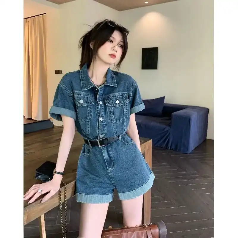 ZYZA复古牛仔连体裤女2024夏季新款宽松显瘦套装气质工装裤短袖