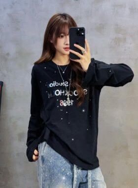 原定1996字母烫钻镜面烫银宽松超薄防晒T男女慵懒做旧麻棉长袖T恤