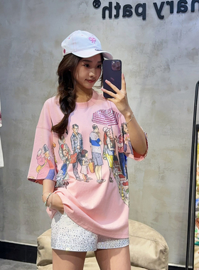 潮牌短袖满钻少女粉满天星烫钻人物纯棉宽松甜酷美式街头重磅T恤