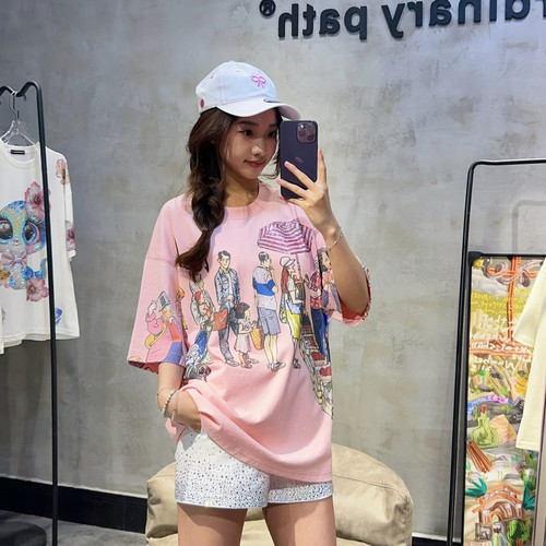 潮牌OVERSIZE粉嫩少女心满钻T恤