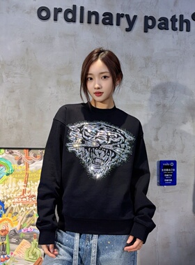 轻奢潮牌烫钻经典美式老虎头男女套头衫潮流带钻闪耀上衣痞帅卫衣