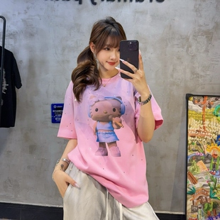 南油高货短袖KITTY猫咪卡通做旧少女心烫钻大版休闲设计师脏脏T恤