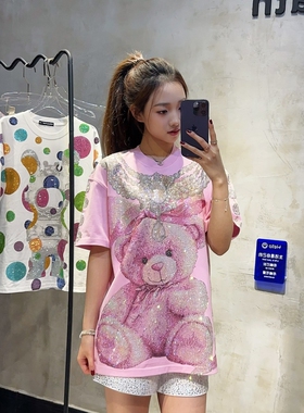 轻奢潮牌短袖满钻烫钻项链闪小熊纯棉宽松卡通重工甜酷粉色女T恤