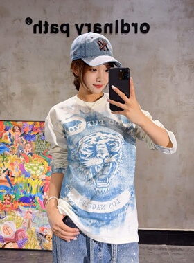 早秋新款烫钻美式老虎头晕染男女中性风上衣宽松潮流酷帅长袖T恤