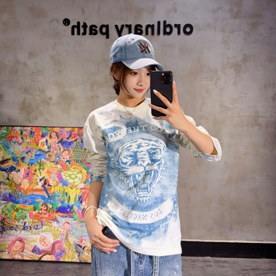早秋新款烫钻美式老虎头晕染男女中性风上衣宽松潮流酷帅长袖T恤