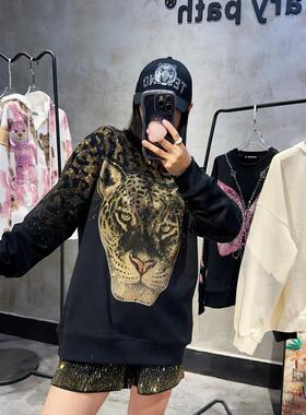 烫钻卫衣轻奢潮牌满钻暗黑系潮酷豹子头男女同款中性高货圆领上衣
