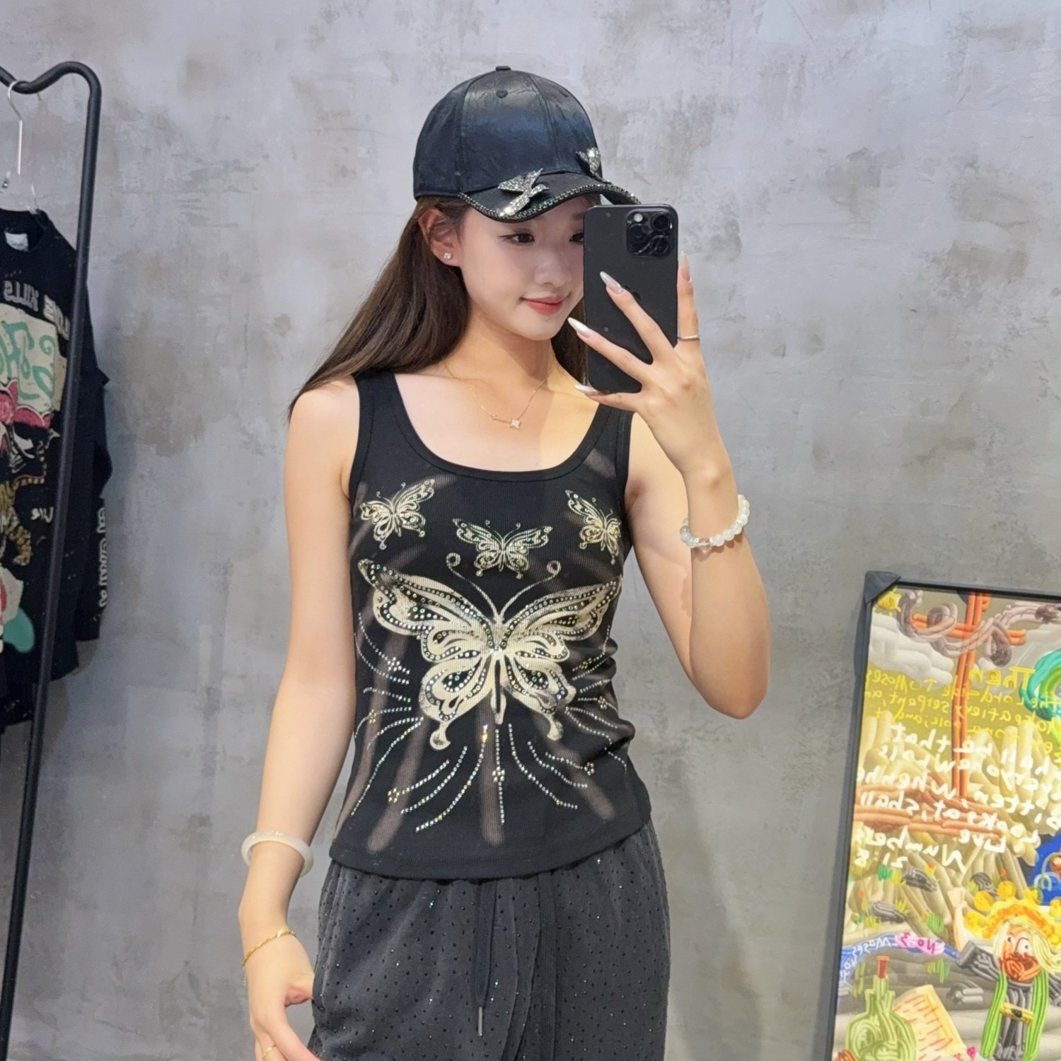 潮酷辣妹弹力轻奢街头风蝴蝶背心