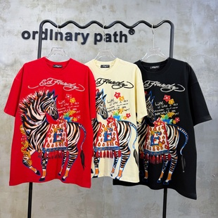 奢潮马年限定新年款烫钻小马红色短袖重工印花高货情侣款潮人T恤