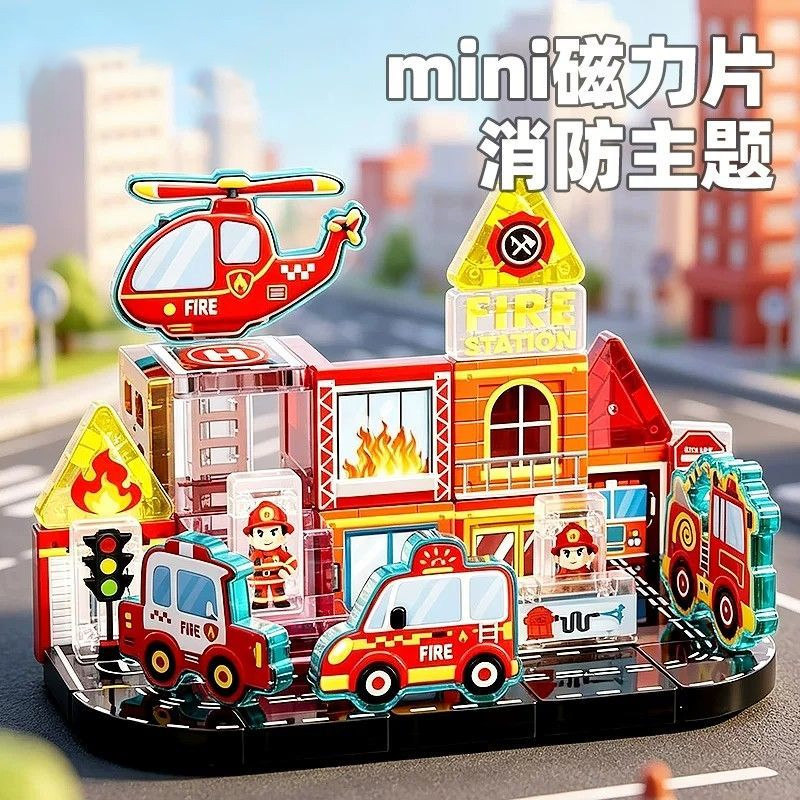 儿童消防主题磁力片旅行便携彩窗磁吸大自然拼装积木益智玩具