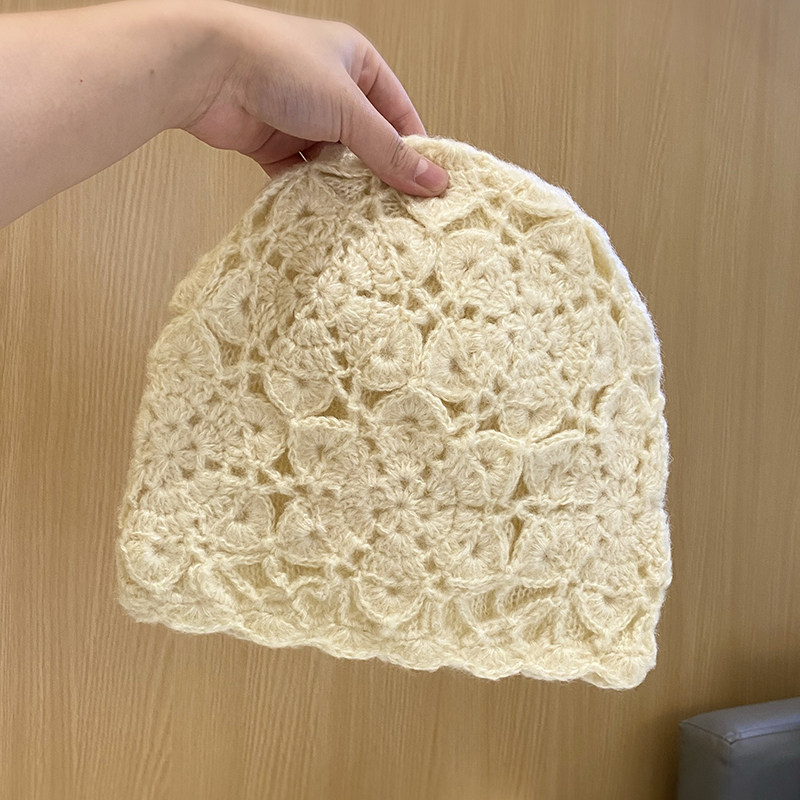 帽子女秋冬新款手工钩针花朵套头帽韩版保暖舒适双层百搭包头帽女