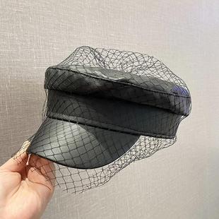 网纱皮质平顶帽女款 时髦街拍潮流百搭画家帽复古百搭报童帽显脸小