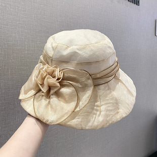 夏季 大檐遮陽帽子女優(yōu)雅百搭花朵漁夫帽子度假海邊防曬太陽帽 薄款